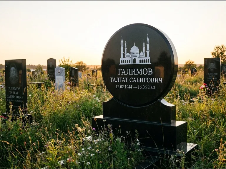 Мусульманский памятник с гравировкой мечети: округлая стела-медальон на тумбе — гравировка мечети в михраб-арке с орнаментом, луговые травы и полевые цветы, работа «Каримов» в Туле