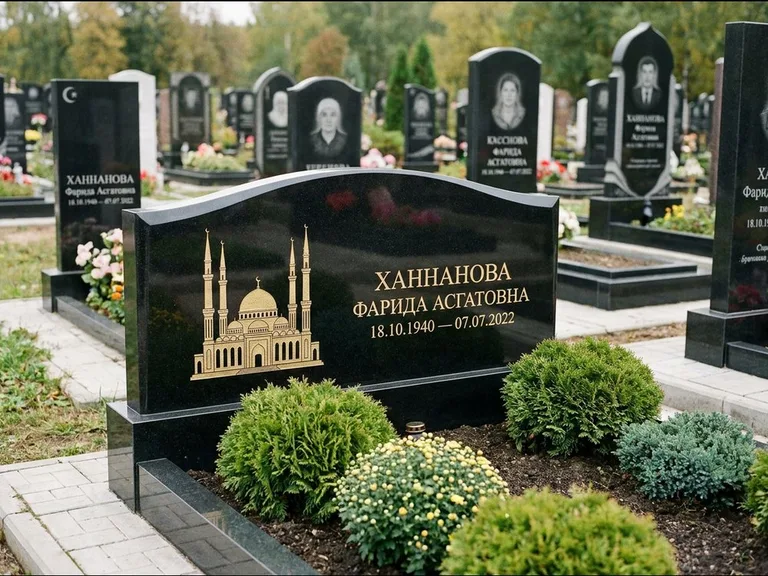 Мусульманский памятник с гравировкой мечети: вытянутая горизонтальная семейная стела с аркой — белая гравировка силуэта мечети с минаретами, участок с декоративными кустами, работа «Гарипова» в Туле
