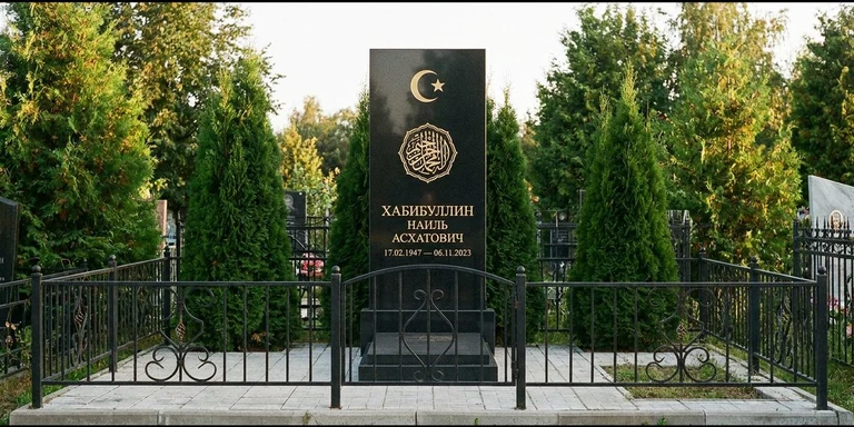 Гравировка на мусульманском памятнике в Туле — стела из чёрного гранита, оформление по канонам ислама