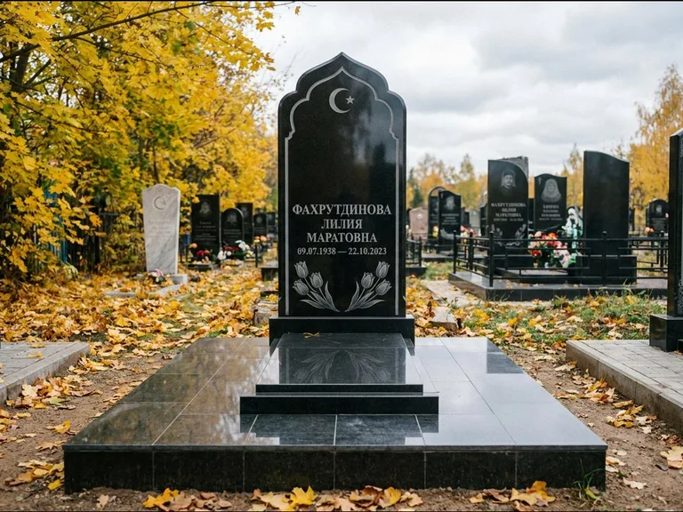 Мусульманский памятник: стела с михраб-навершием в форме арки — гравировка минарета с полумесяцем, гранитный цоколь с тёмной плиткой, работа «Фахрутдинова» в Туле