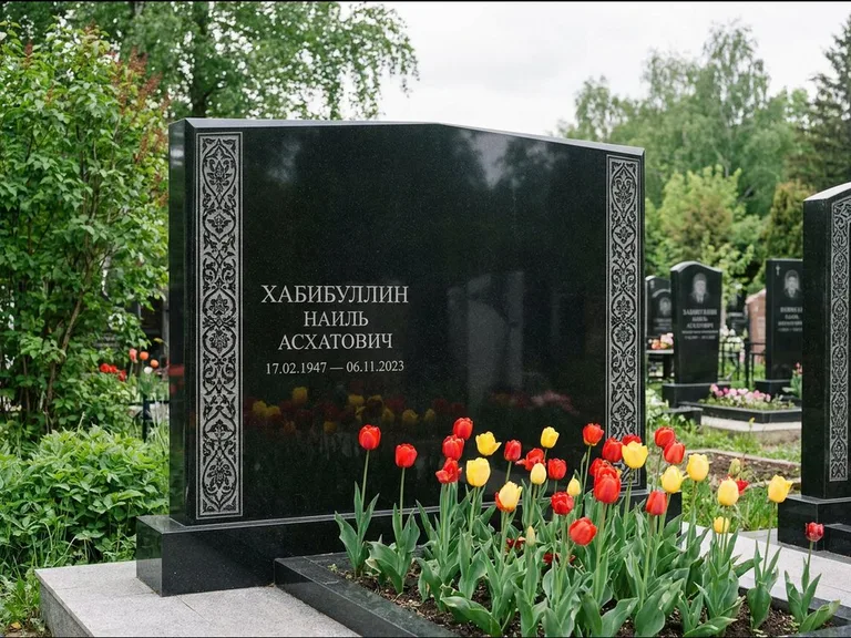 Мусульманский памятник: широкая двойная семейная стела — золочёная гравировка мечети, цветник с тюльпанами, работа «Хабибуллин» в Туле