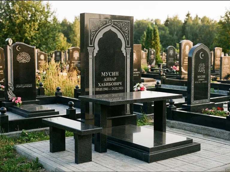 Мусульманский памятник: стела с гранитным столиком и скамьёй — гравировка мечети под полумесяцем и звёздами, семейный участок с плиткой, работа «Гимаев» в Туле
