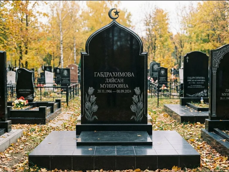 Мусульманский памятник: массивная стела с михраб-навершием — белая гравировка силуэта мечети с минаретами, цоколь тёмной плиткой, работа «Магомедова» в Туле