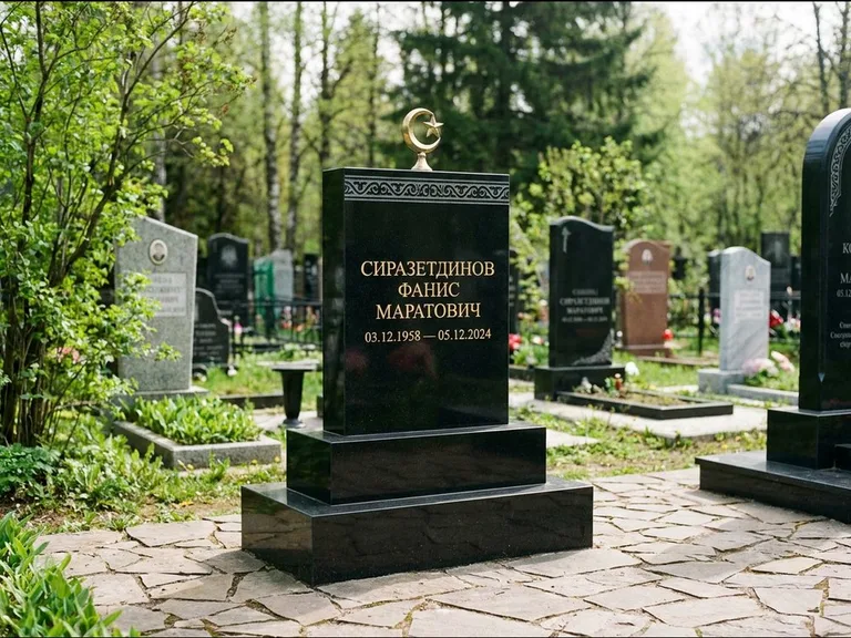 Мусульманский памятник: ступенчатая трёхуровневая стела — золочёная гравировка мечети, дорожка из природного плитняка, работа «Мустафин» в Туле