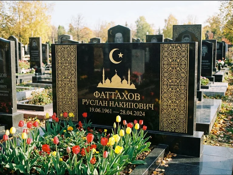 Мусульманский памятник: широкая панорамная стела с золочёным орнаментом — гравировка минарета с полумесяцем, цветник с тюльпанами, работа «Сулейманов» в Туле