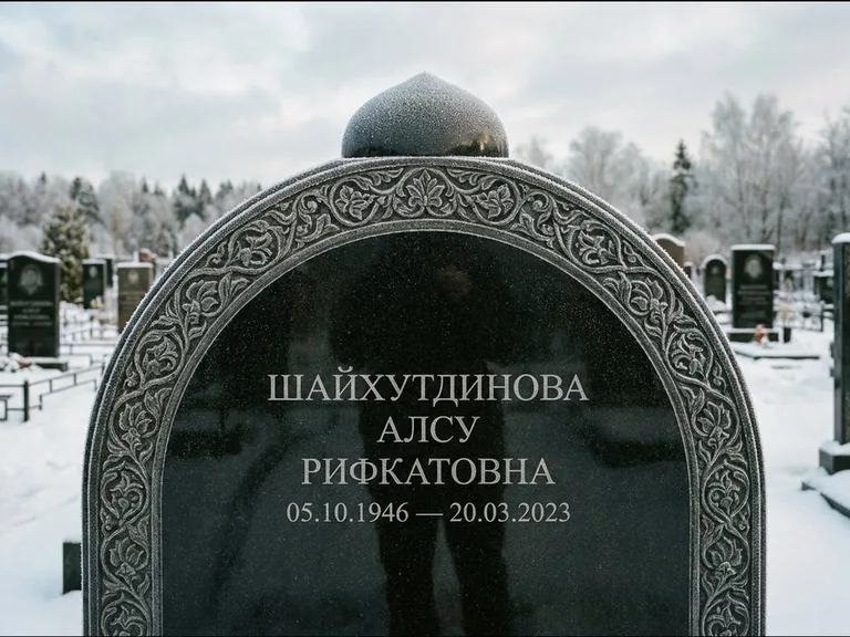 Мусульманский памятник: полукруглая стела с купольным навершием — гравировка мечети под полумесяцем и звёздами, заснеженный зимний участок, работа «Ганиева» в Туле