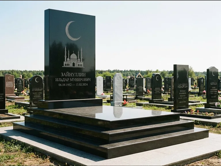 Мусульманский памятник: массивная стела на ступенчатом постаменте — гравировка мечети под полумесяцем и звёздами, гранитная площадка без ограды, работа «Хабибуллин» в Туле