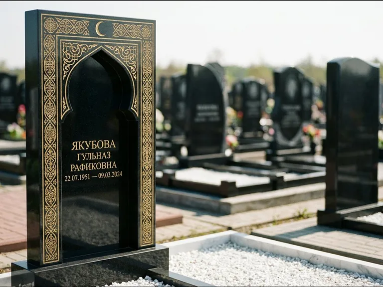 Мусульманский памятник: стела в форме михраба с глубокой нишей и золочёным орнаментом — детализированная гравировка мечети Кул-Шариф, участок с белой мраморной крошкой, работа «Мустафин» в Туле