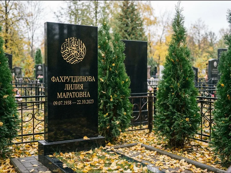 Мусульманский памятник — шахада в верхней части стелы, работа «Фахрутдинова» в Туле
