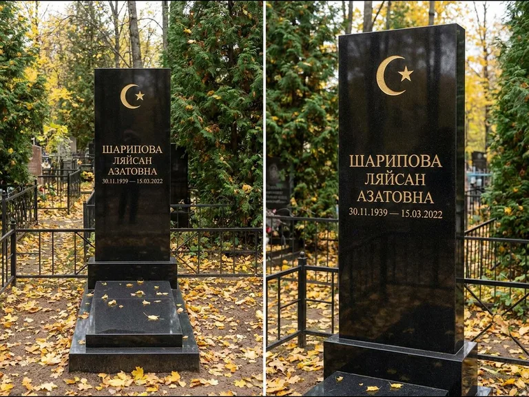 Памятник с гравировкой полумесяца — золочёная гравировка полумесяца со звездой в верхней части с, работа «Шарипова» в Туле