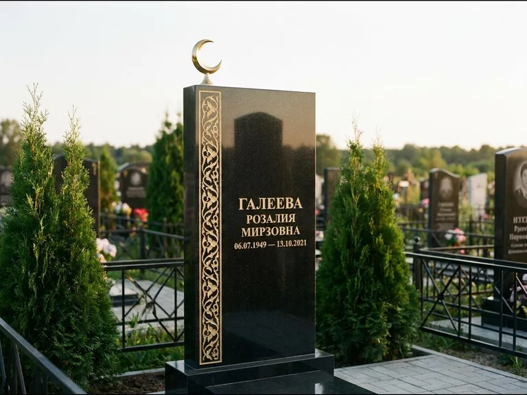 Памятник с гравировкой полумесяца — золочёный полумесяц и колонна растительного орнамента-ислими, работа «Галеева» в Туле