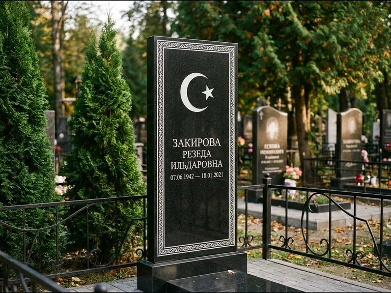 Памятник с гравировкой полумесяца — строгая белая гравировка полумесяца со звездой и орнаменталь, работа «Закирова» в Туле