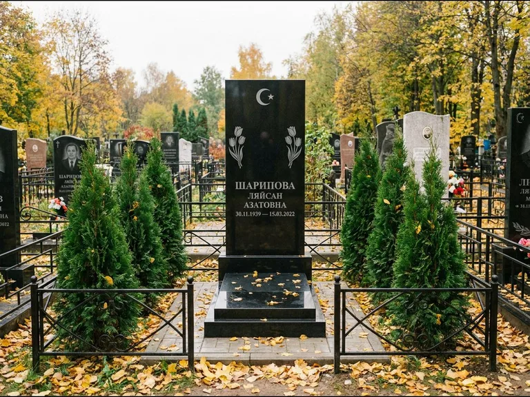 Памятник с гравировкой полумесяца — гравировка полумесяца со звездой и тюльпанами по бокам, работа «Шарипова» в Туле