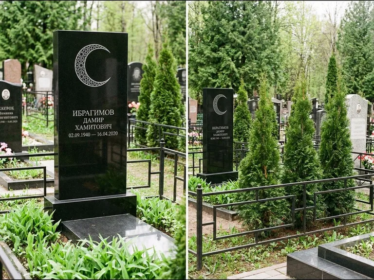 Памятник с гравировкой полумесяца — гравировка полумесяца в геометрическом орнаменте-гирихе, работа «Ибрагимов» в Туле