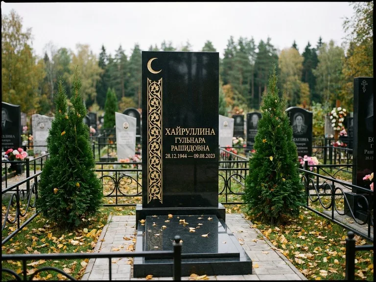 Памятник с гравировкой полумесяца — золочёный полумесяц и колонна растительного орнамента-ислими, работа «Хайруллина» в Туле