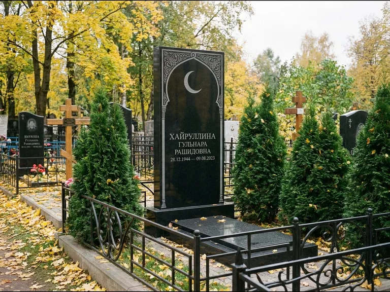 Памятник с гравировкой полумесяца — гравировка полумесяца в восточной арке с орнаментом, работа «Хайруллина» в Туле
