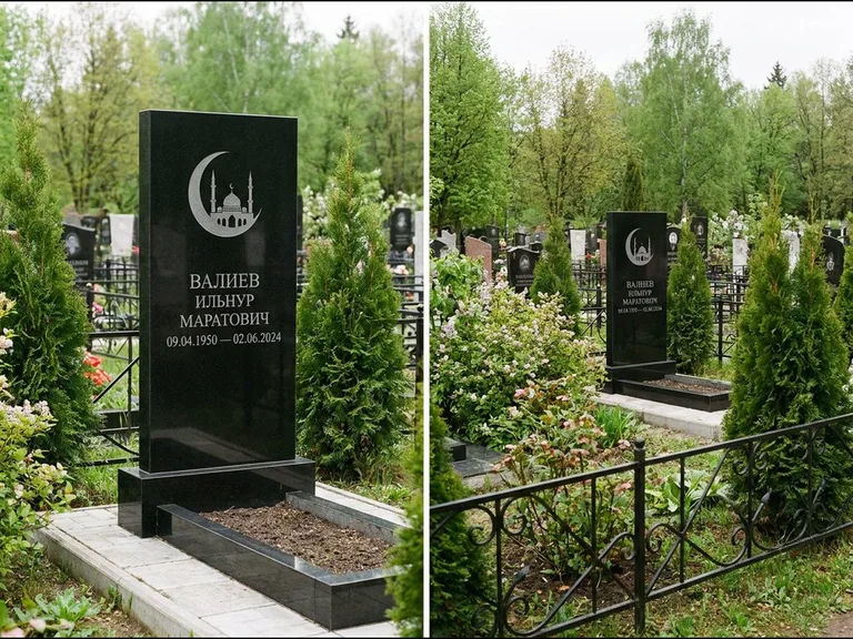 Памятник с гравировкой полумесяца — гравировка полумесяца над силуэтом мечети, работа «Валиев» в Туле