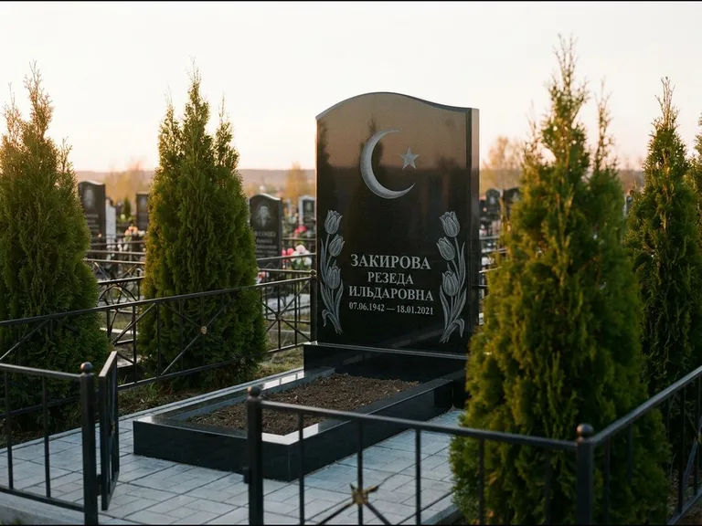 Памятник с гравировкой полумесяца — гравировка полумесяца со звездой и тюльпанами по бокам, работа «Закирова» в Туле