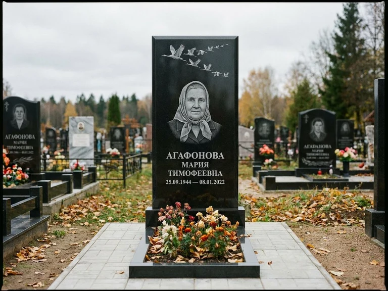 Гравировка журавлей на памятник в Туле — памятник из чёрного гранита с гравировкой