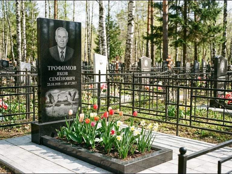 Памятник с гравировкой журавлей — гравировка пары журавлей над гладью озера в нижней части, работа «Трофимов» в Туле