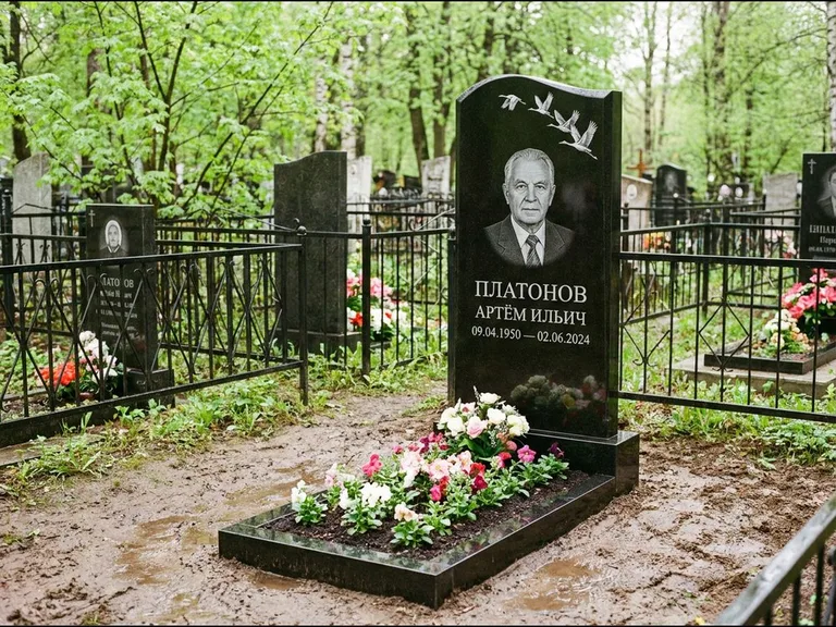 Памятник с гравировкой журавлей — белая гравировка клина журавлей, уходящего в верхний угол ст, работа «Платонов» в Туле