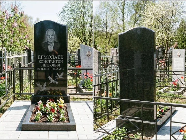 Памятник с гравировкой журавлей — гравировка трёх журавлей по диагонали через свободное поле с, работа «Ермолаев» в Туле