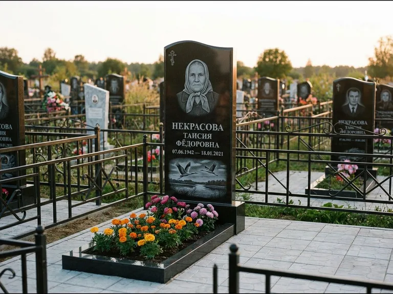 Памятник с гравировкой журавлей — гравировка пары журавлей над гладью озера в нижней части, работа «Некрасова» в Туле