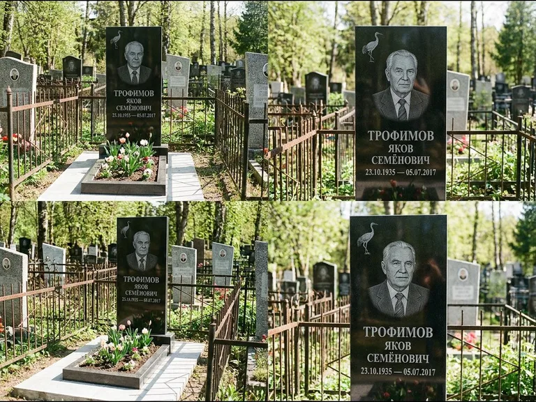 Памятник с гравировкой журавлей — гравировка одиночного летящего журавля над портретом, работа «Трофимов» в Туле