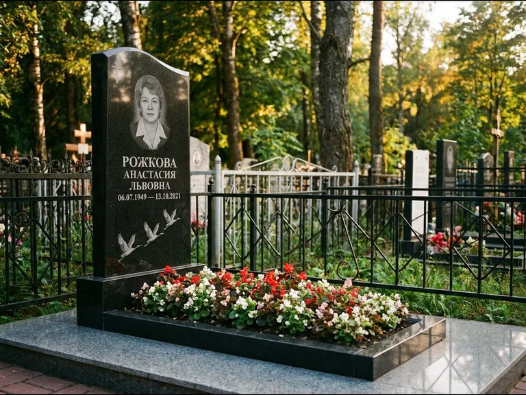 Памятник с гравировкой журавлей — гравировка трёх журавлей по диагонали через свободное поле с, работа «Рожкова» в Туле