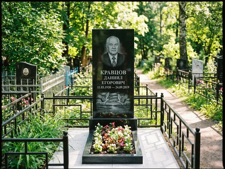 Памятник с гравировкой журавлей — гравировка пары журавлей над гладью озера в нижней части, работа «Кравцов» в Туле