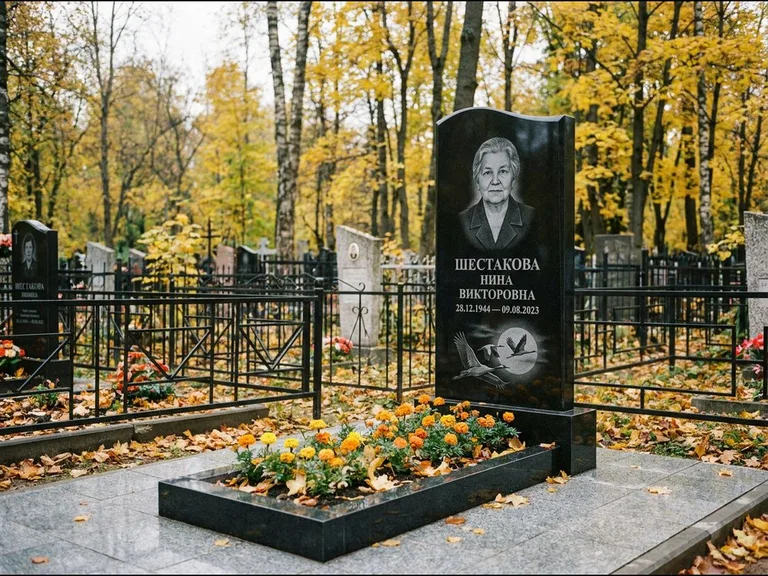Памятник с гравировкой журавлей — гравировка клина журавлей на фоне солнечного диска, работа «Шестакова» в Туле