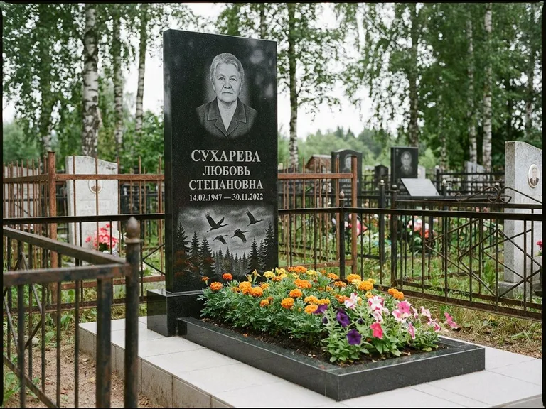 Памятник с гравировкой журавлей — гравировка силуэтов журавлей над еловым лесом, работа «Сухарева» в Туле