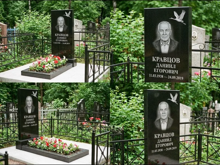 Памятник с гравировкой журавлей — белая гравировка клина журавлей, уходящего в верхний угол ст, работа «Кравцов» в Туле