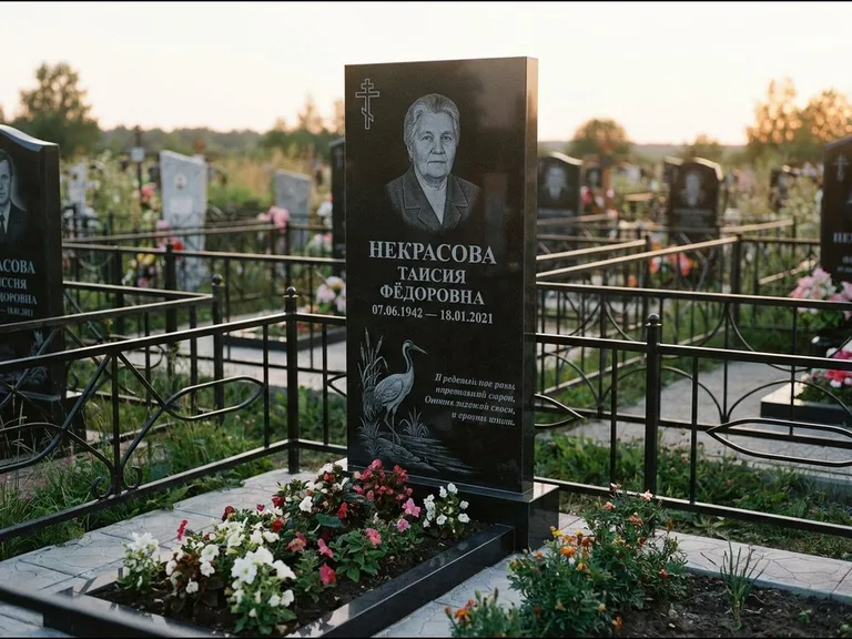 Памятник с гравировкой журавлей — гравировка журавля у камышей рядом с эпитафией, работа «Некрасова» в Туле