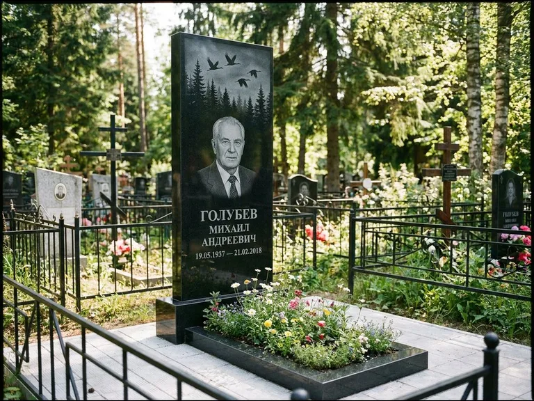 Памятник с гравировкой журавлей — гравировка силуэтов журавлей над еловым лесом, работа «Голубев» в Туле