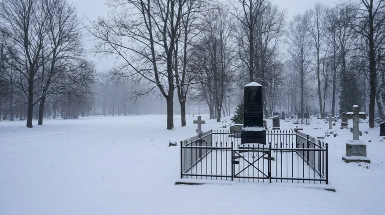 Гранитный памятник на Богородском кладбище в Рязани среди деревьев