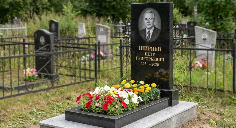 Памятник с цветником, Пример гранитного памятника, установленного мастерской на кладбище в Новосибирске