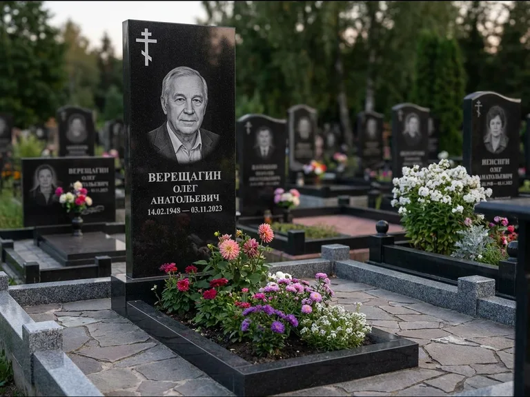 Памятник из чёрного гранита — горизонтальная плита-стела с православным восьмиконечным крестом, работа «Тихонов» в Туле