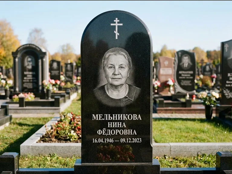 Памятник из чёрного гранита — стела с резным навершием с латинским крестом, работа «Савельева» в Туле