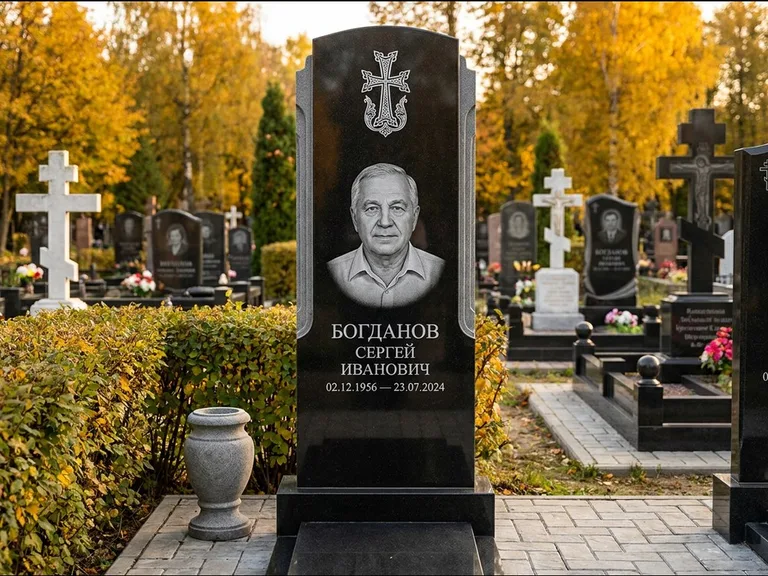 Памятник из чёрного гранита — круглая стела-медальон с армянским хачкаром, работа «Ковалёв» в Туле