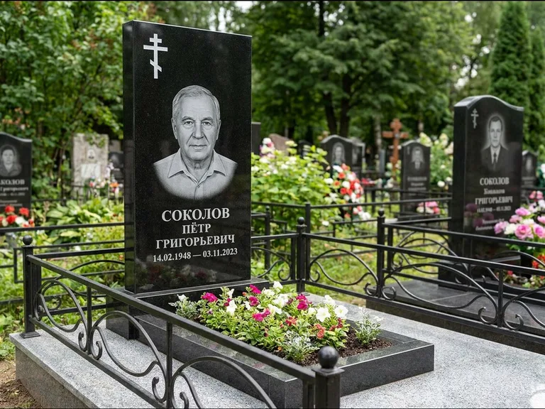 Памятник из чёрного гранита — стела с арочным верхом с православным восьмиконечным крестом, работа «Ковалёв» в Туле
