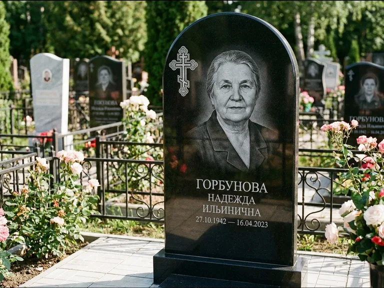 Памятник из чёрного гранита — стела с боковой колонной с крестом в лучах, работа «Мельникова» в Туле