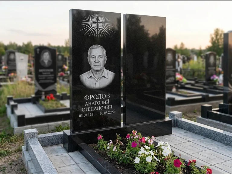 Памятник из чёрного гранита — стела на ступенчатом постаменте с золочёным крестом, работа «Богданов» в Туле