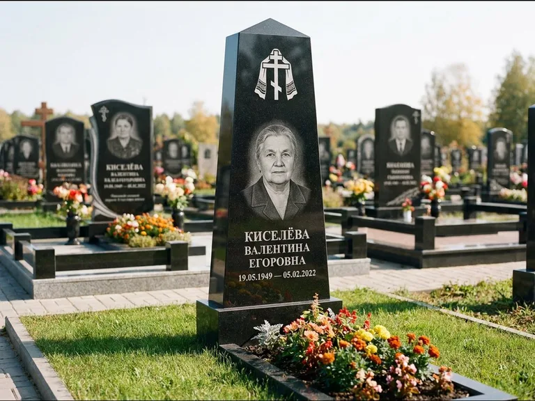 Памятник из чёрного гранита — стела со скошенным верхом с ажурным резным крестом, работа «Селезнёва» в Туле