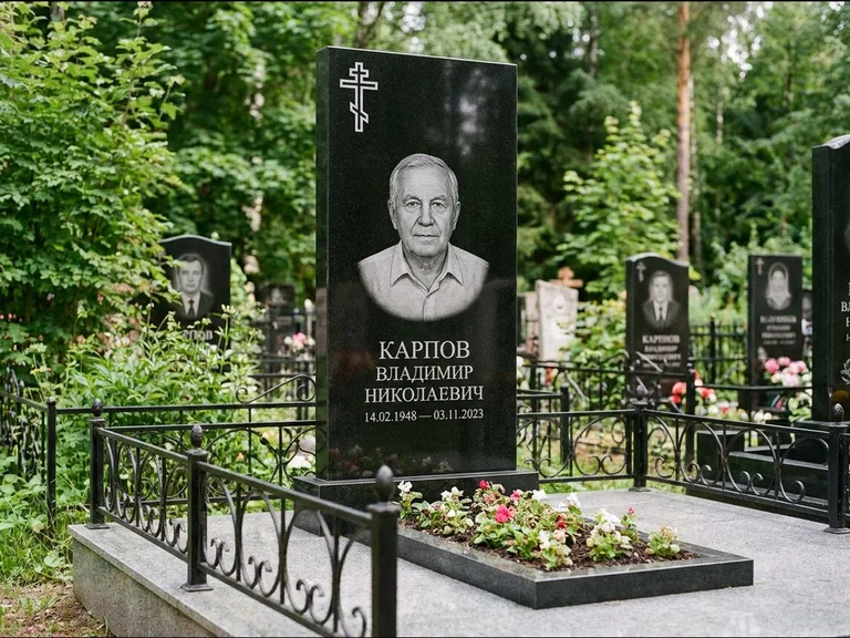 Памятник из чёрного гранита — узкая стела с ажурным крестом с православным восьмиконечным крестом, работа «Гущин» в Туле