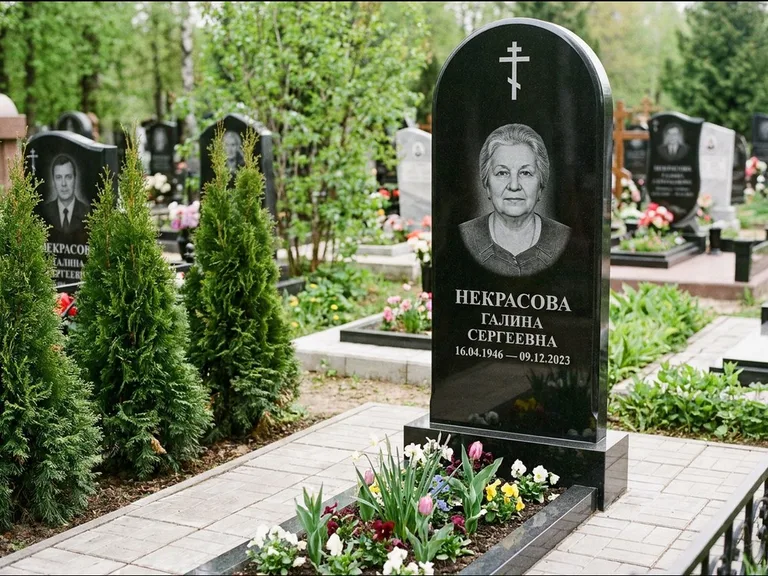 Памятник из чёрного гранита — стела с цветником-плитой с латинским крестом, работа «Лаврентьева» в Туле