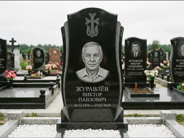 Памятник из чёрного гранита — панорамная стела с армянским хачкаром, работа «Тихонов» в Туле