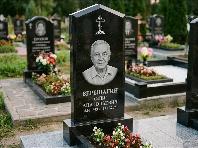 Памятник из чёрного гранита — обелиск-колонна с крестом на Голгофе, работа «Ковалёв» в Туле