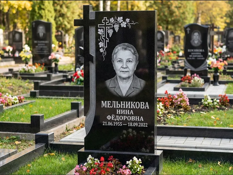 Памятник из чёрного гранита — стела с резной рамкой с крестом с распятием, работа «Некрасова» в Туле