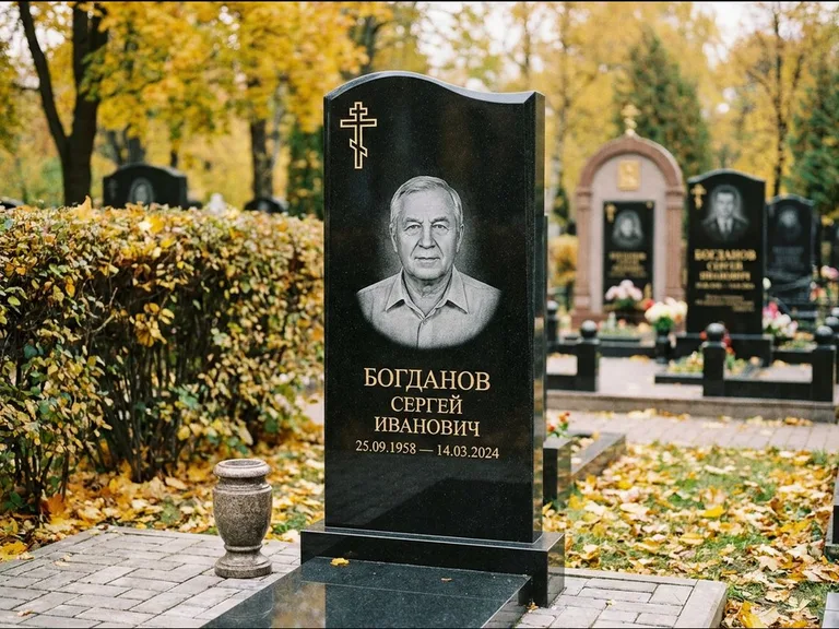 Памятник из чёрного гранита — стела с цветником с процветшим крестом с виноградной лозой, работа «Журавлёв» в Туле